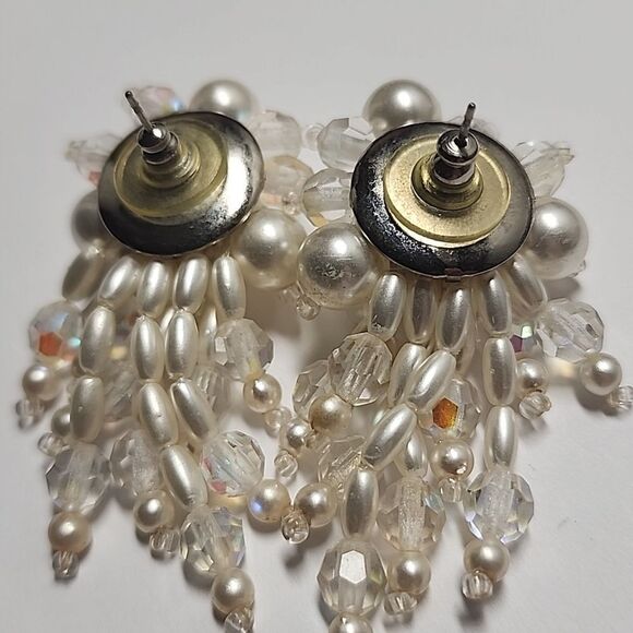 Vintage Faux Pearl AB Cluster Earrings Pierced - Picture 3 of 4